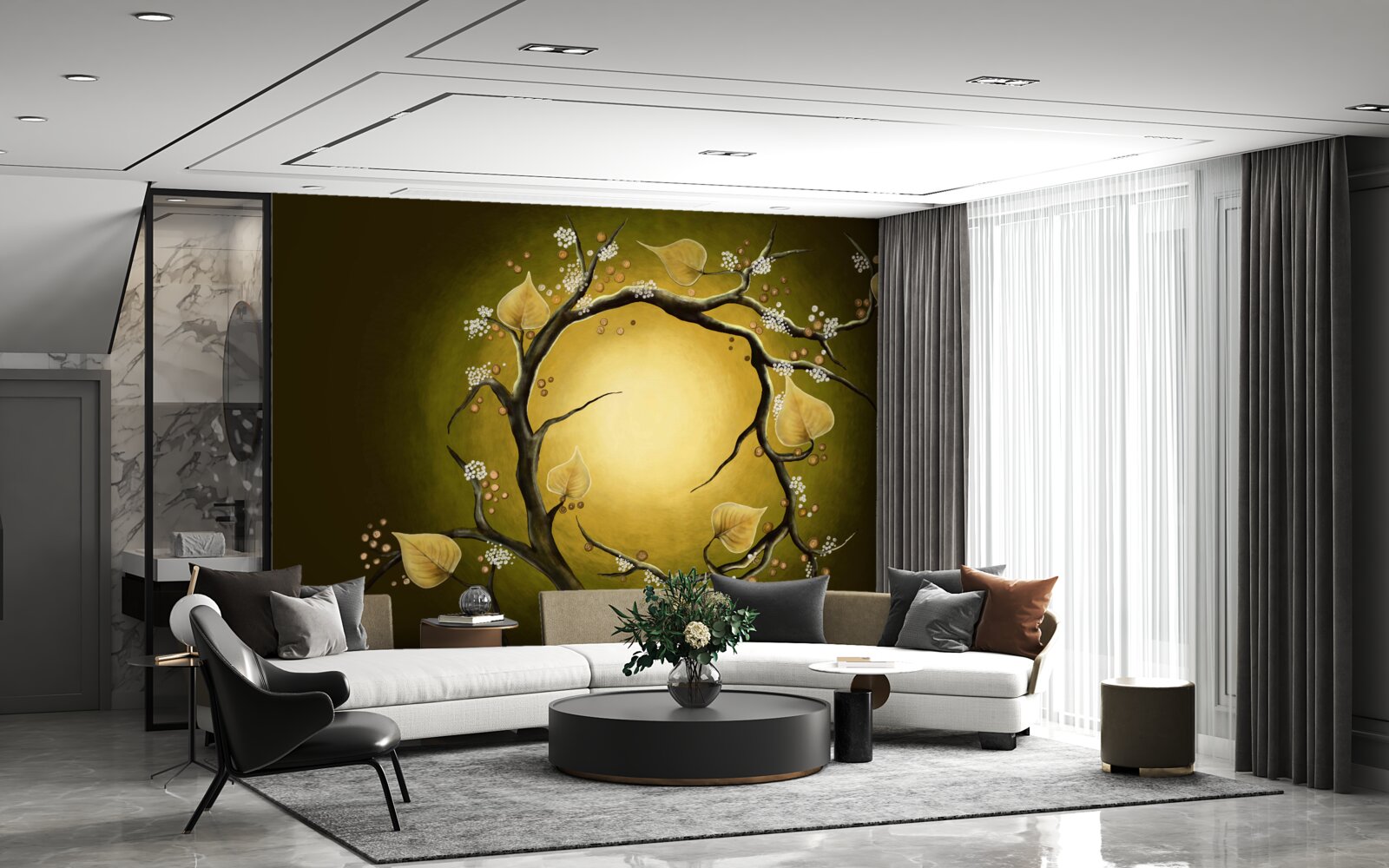 Fotobehang Gele magnolia in volle bloei tegen een achtergrond van zonlicht