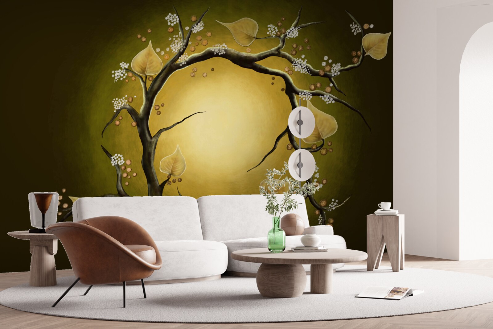 Fotobehang Gele magnolia in volle bloei tegen een achtergrond van zonlicht