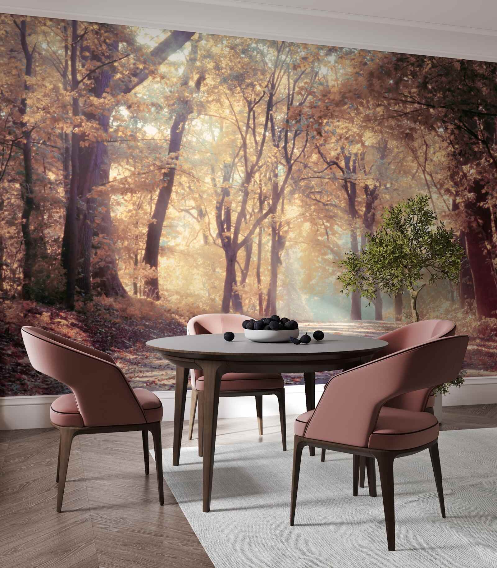 Fotobehang herfstpad gehuld in lichte mist