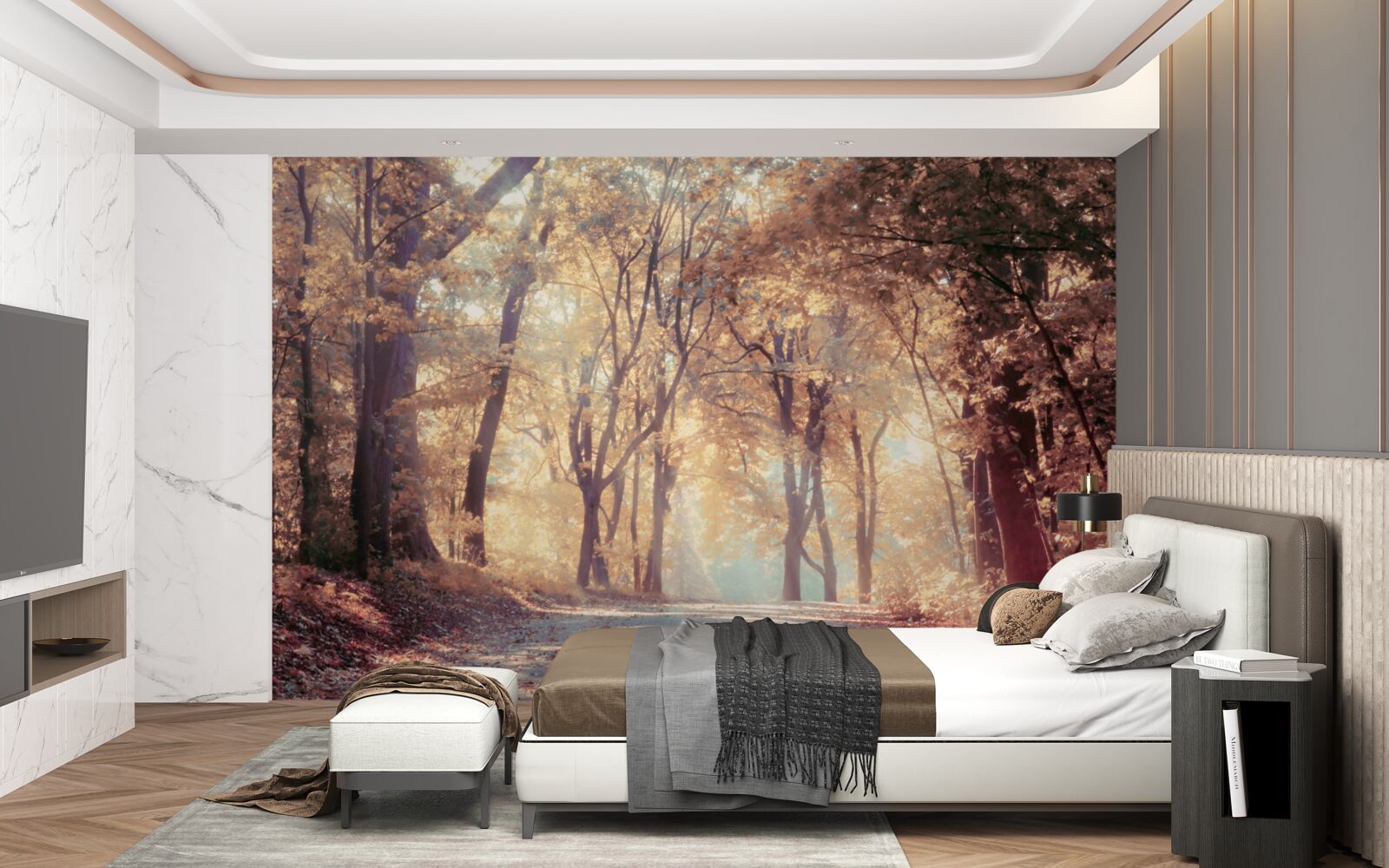 Fotobehang herfstpad gehuld in lichte mist