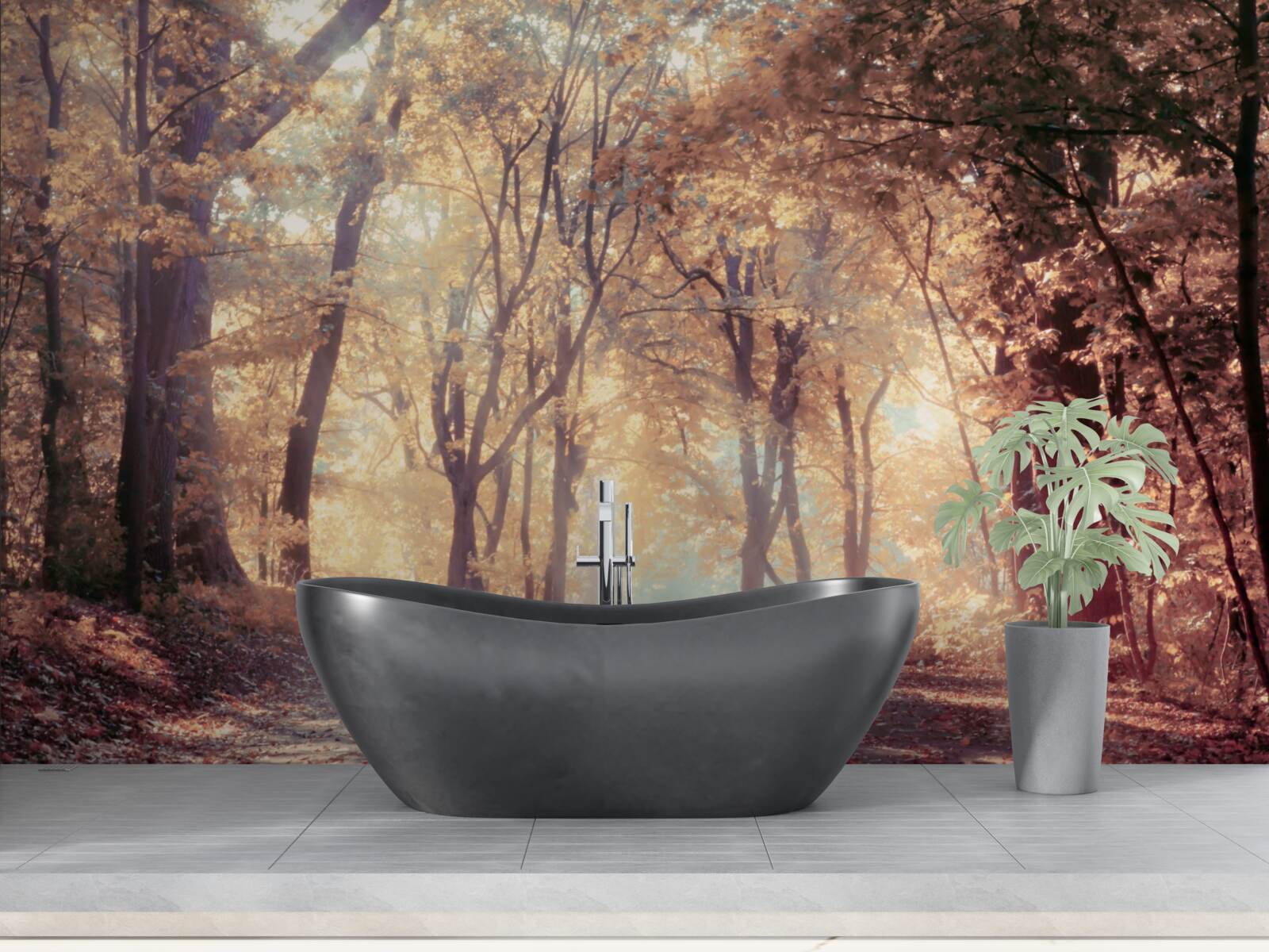 Fotobehang herfstpad gehuld in lichte mist