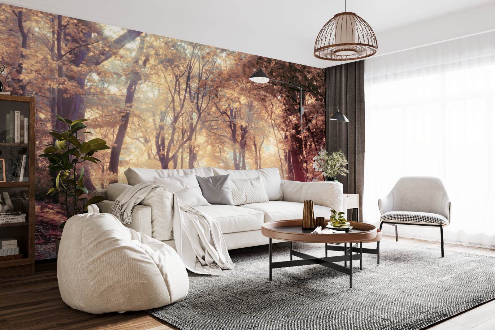 Fotobehang herfstpad gehuld in lichte mist