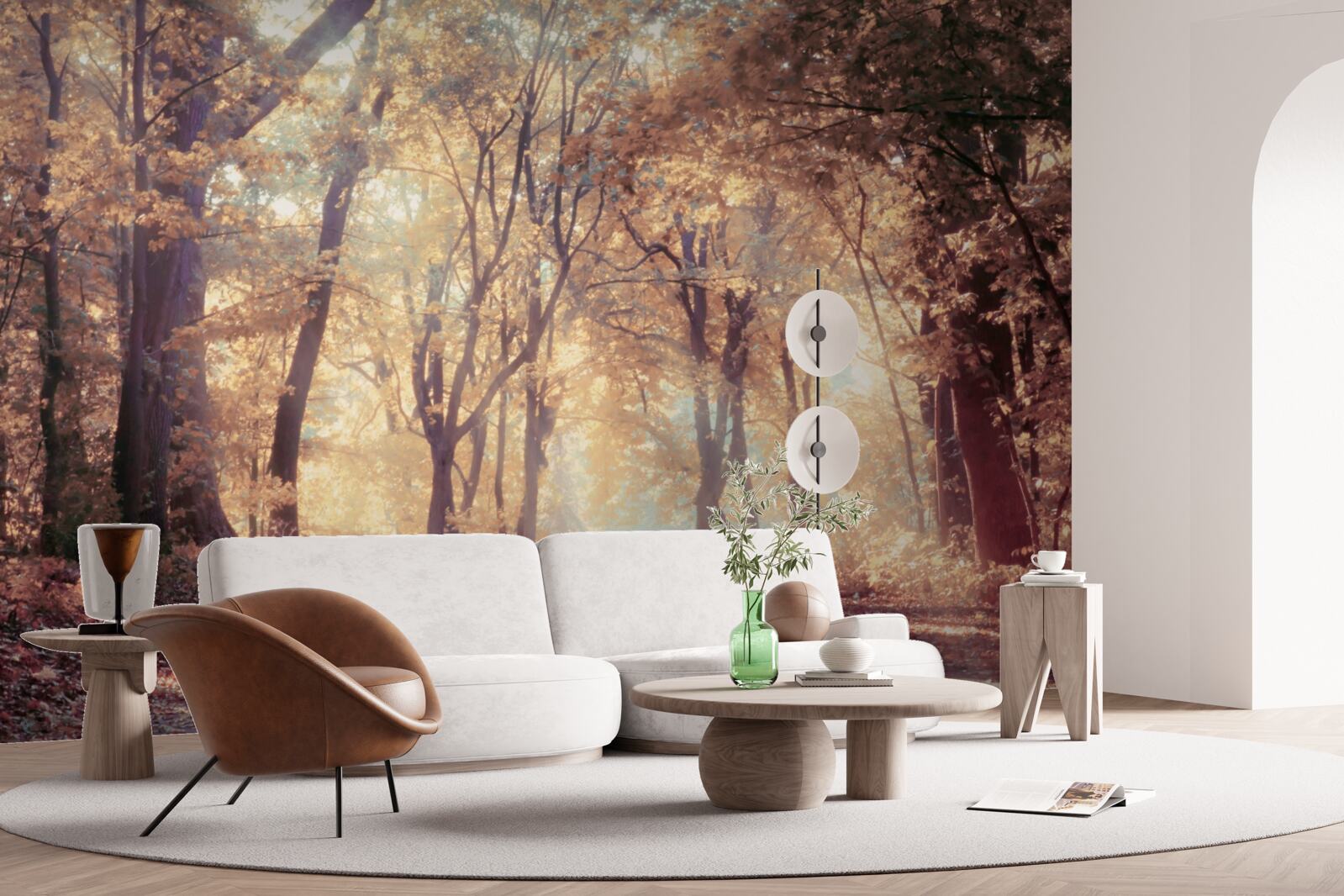 Fotobehang herfstpad gehuld in lichte mist