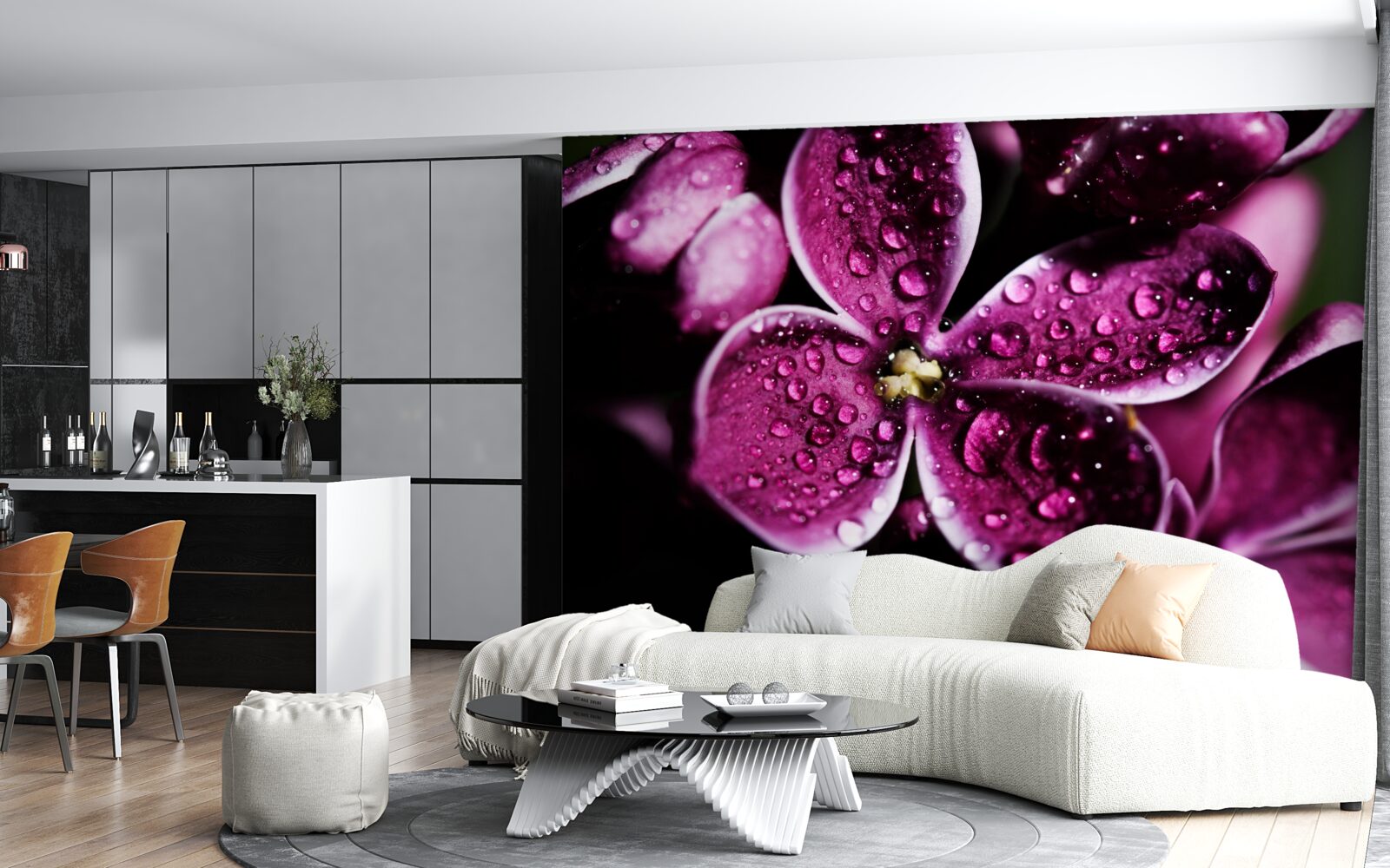 Fotobehang kleine druppeltjes op bloemen met een lichtpaarse tint