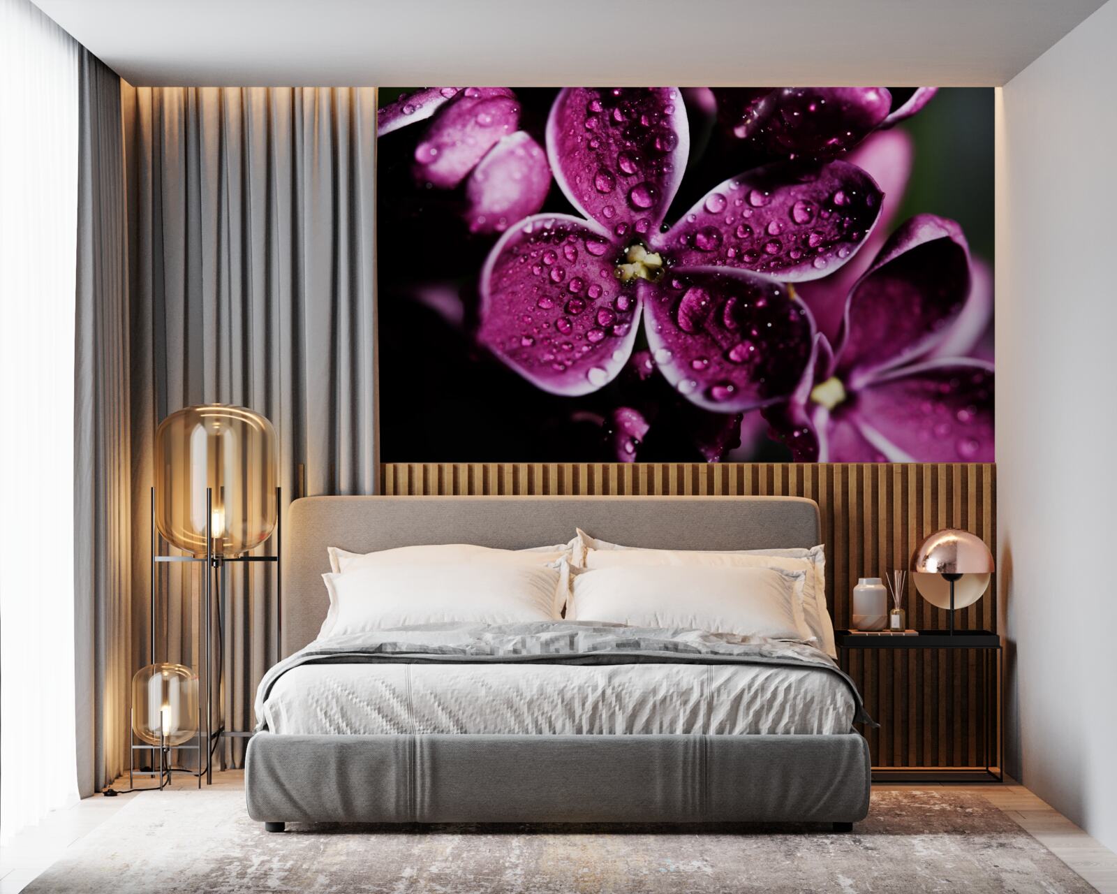 Fotobehang kleine druppeltjes op bloemen met een lichtpaarse tint