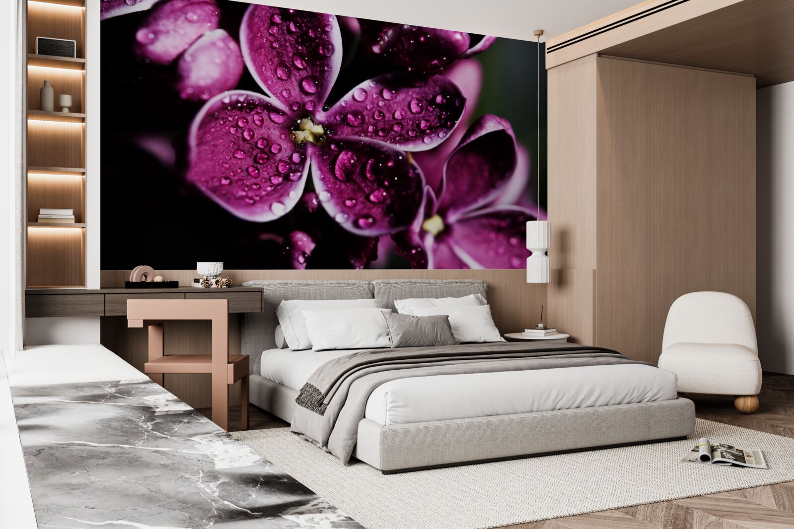 Fotobehang kleine druppeltjes op bloemen met een lichtpaarse tint