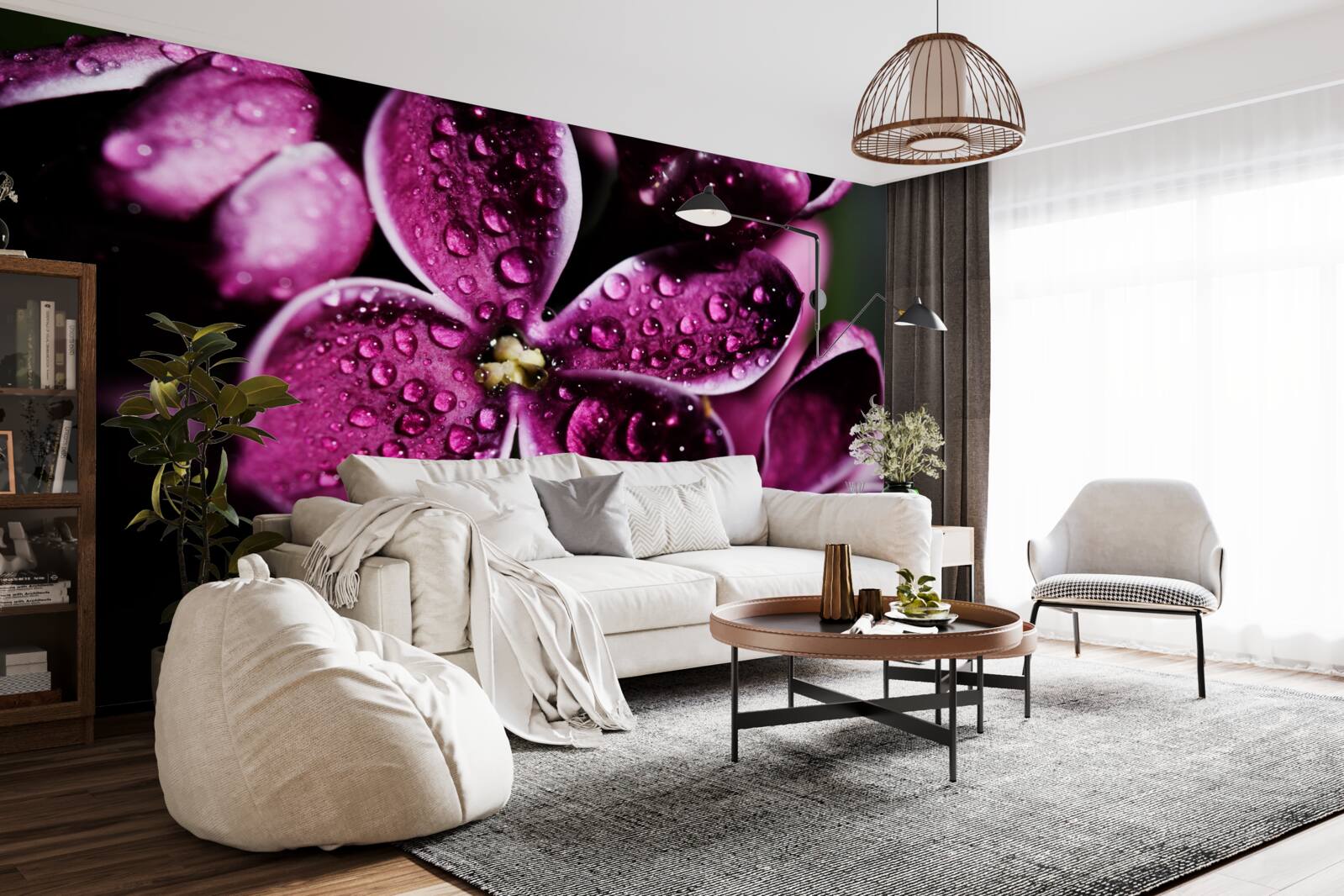 Fotobehang kleine druppeltjes op bloemen met een lichtpaarse tint