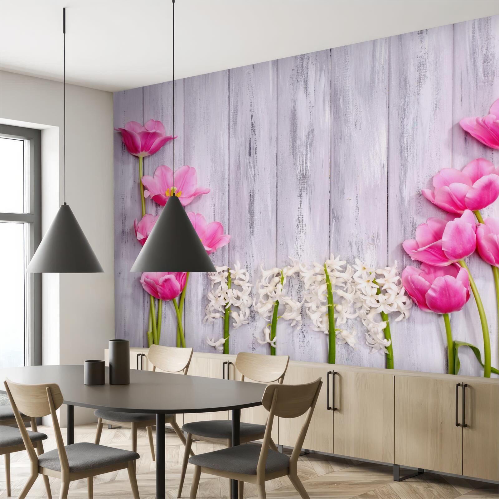 Fotobehang roze tulpen aan een boom