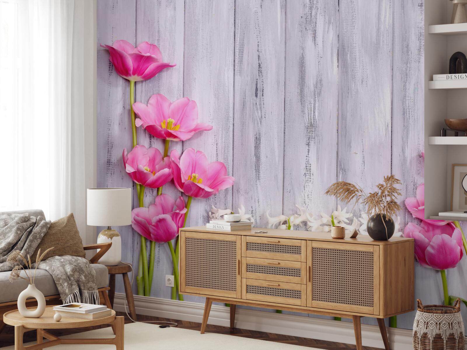 Fotobehang roze tulpen aan een boom