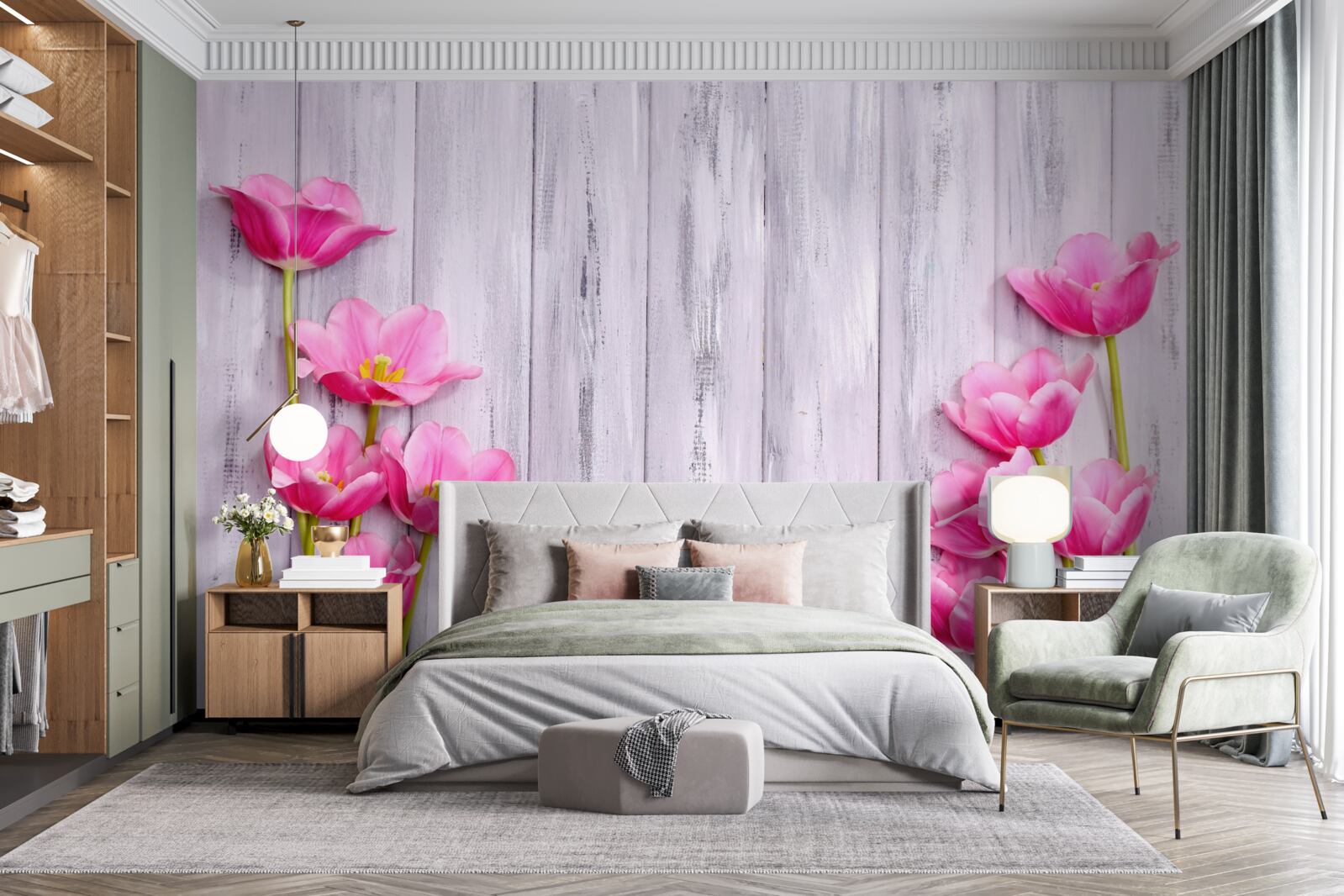 Fotobehang roze tulpen aan een boom