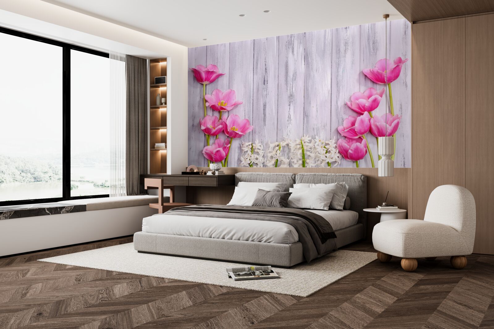 Fotobehang roze tulpen aan een boom