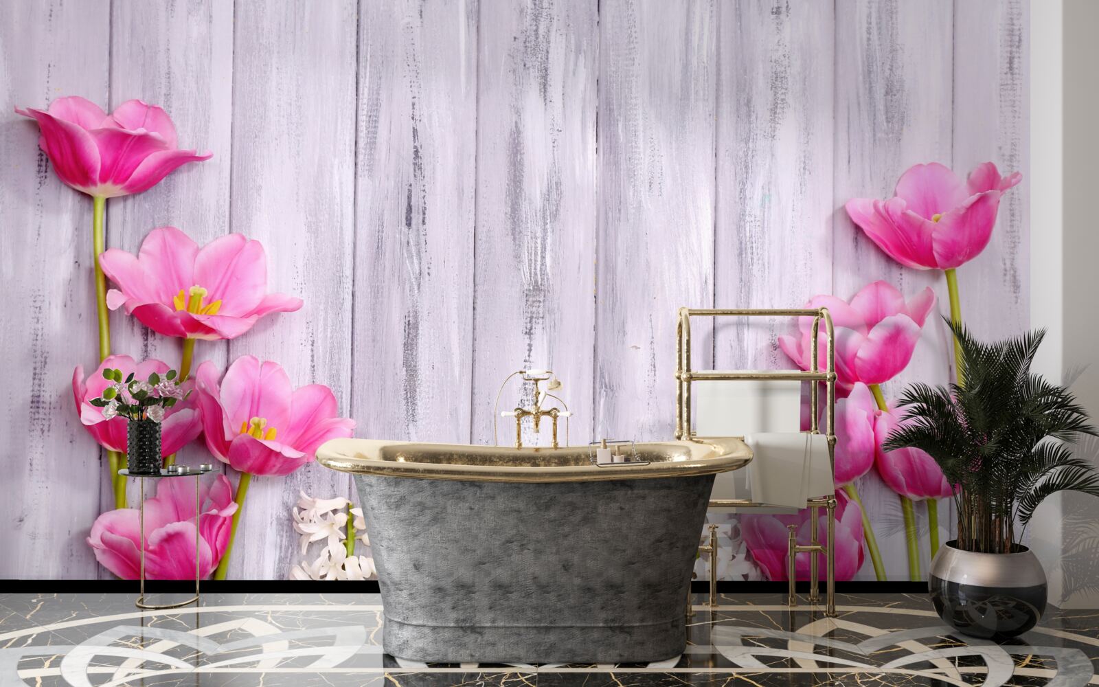 Fotobehang roze tulpen aan een boom