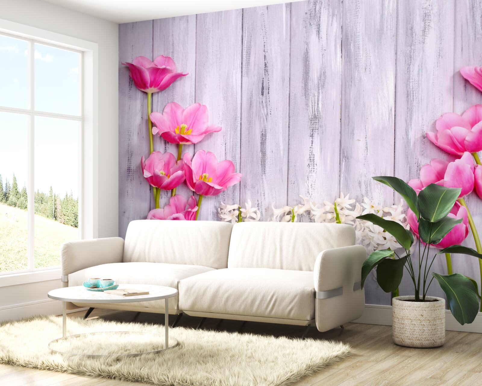 Fotobehang roze tulpen aan een boom