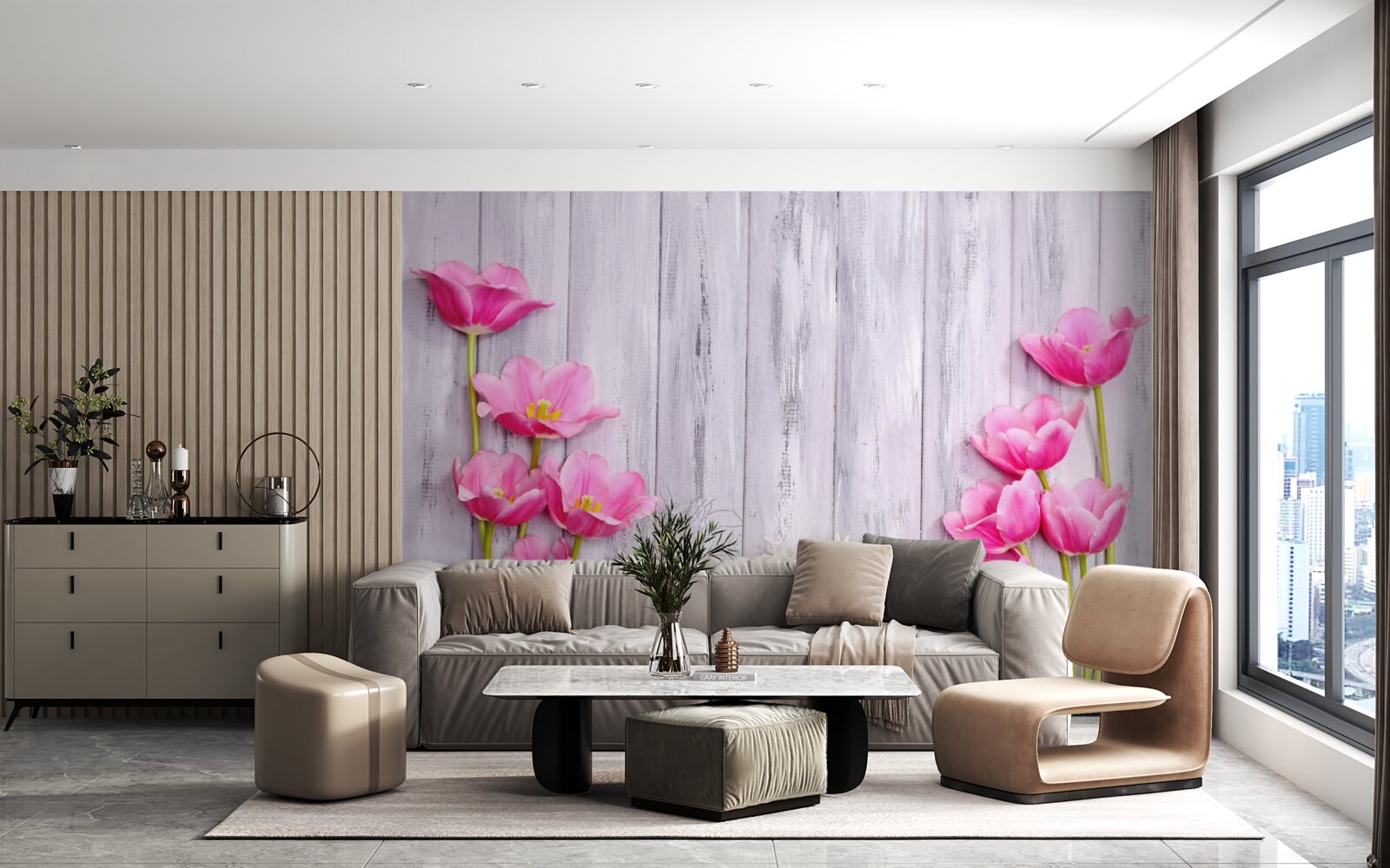 Fotobehang roze tulpen aan een boom