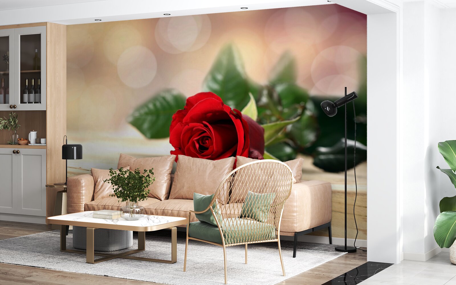 Fotobehang enkele roos van delicate scharlaken schaduw