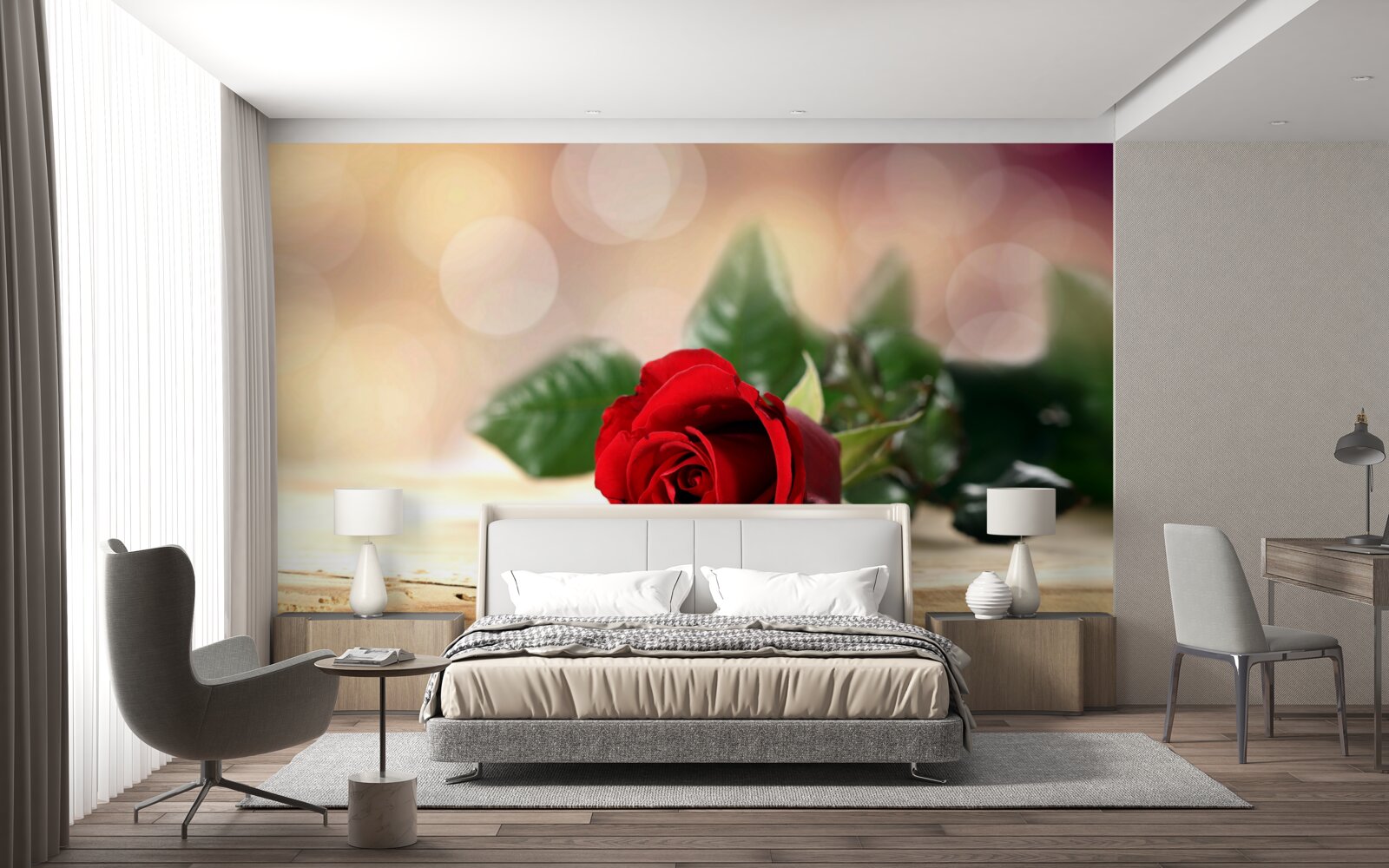 Fotobehang enkele roos van delicate scharlaken schaduw