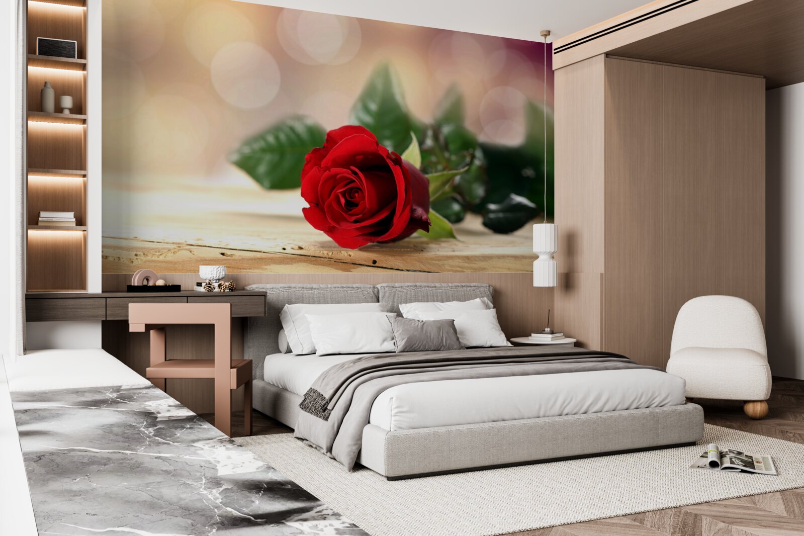 Fotobehang enkele roos van delicate scharlaken schaduw