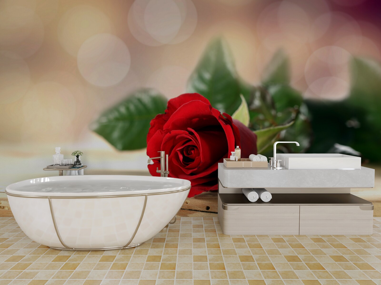 Fotobehang enkele roos van delicate scharlaken schaduw