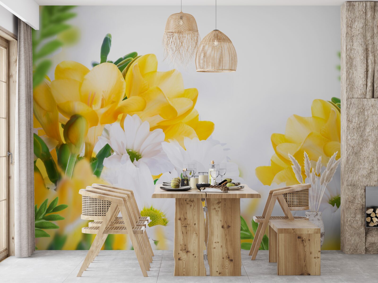 Fotobehang witte margrieten en gele fresia