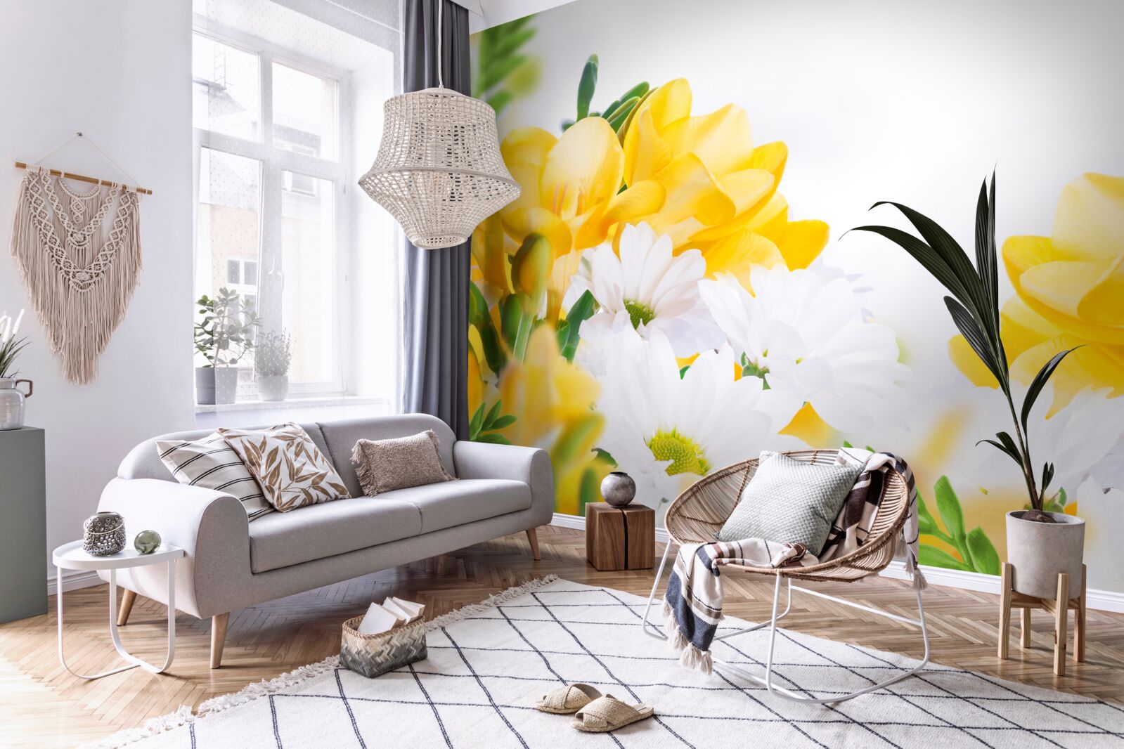 Fotobehang witte margrieten en gele fresia