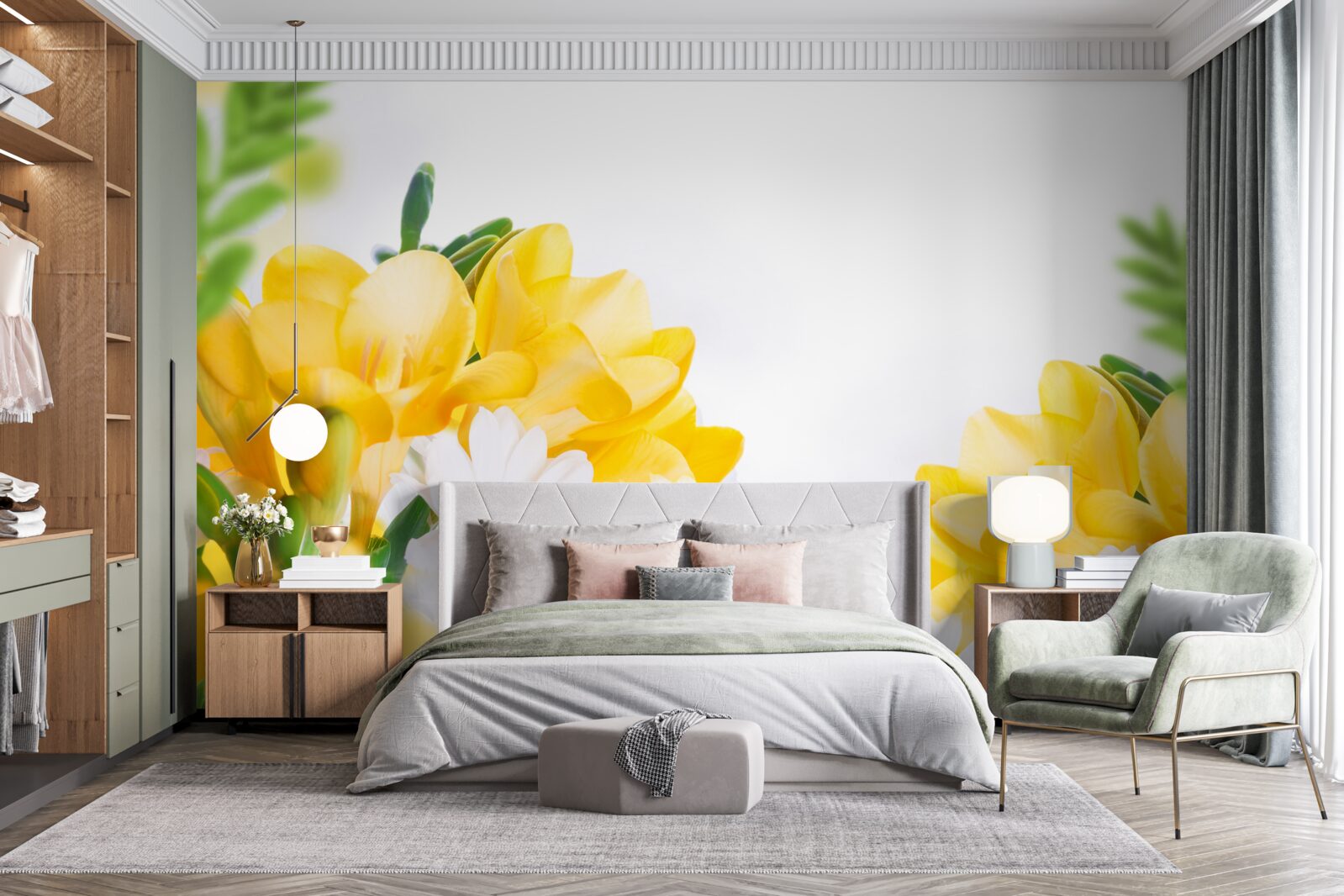 Fotobehang witte margrieten en gele fresia