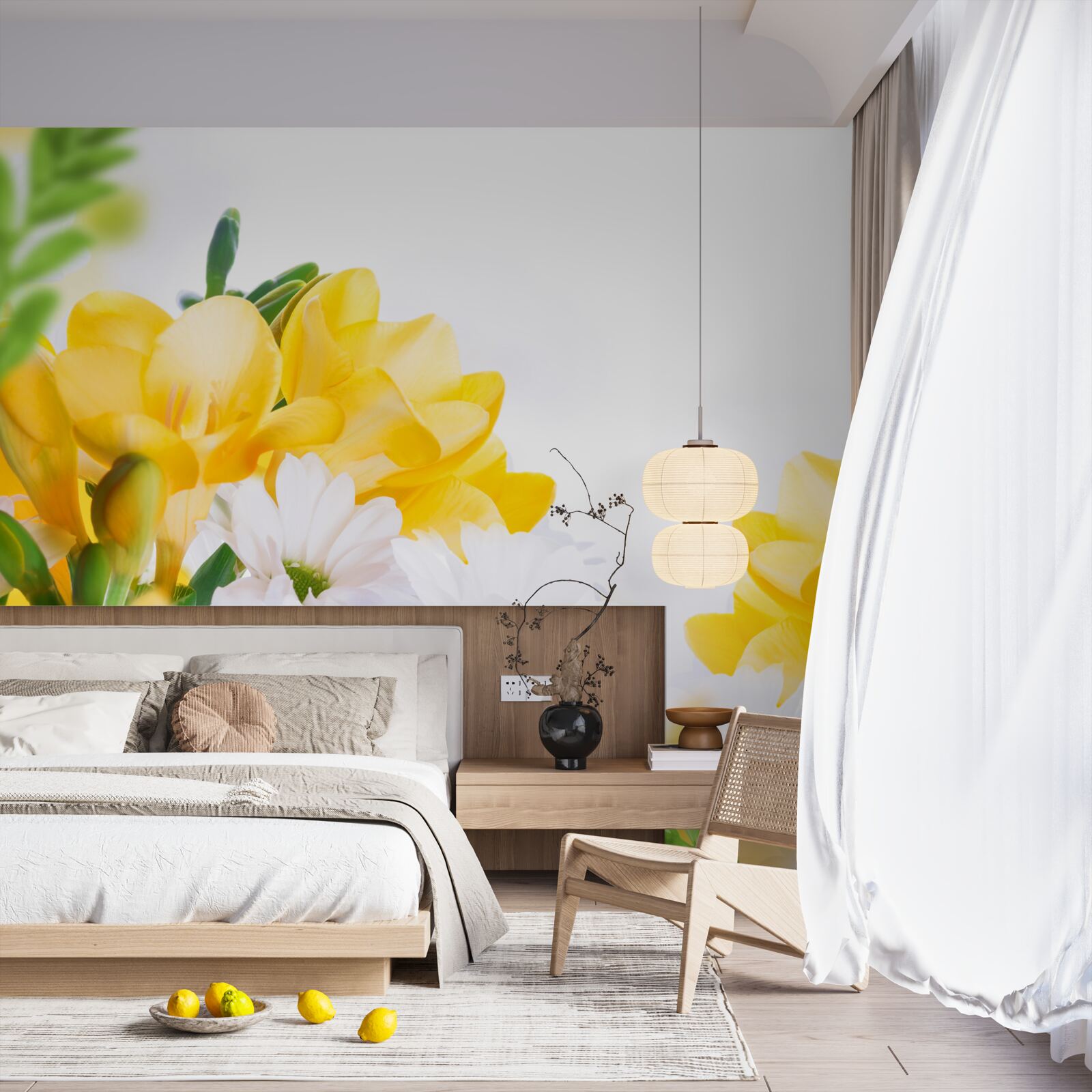 Fotobehang witte margrieten en gele fresia