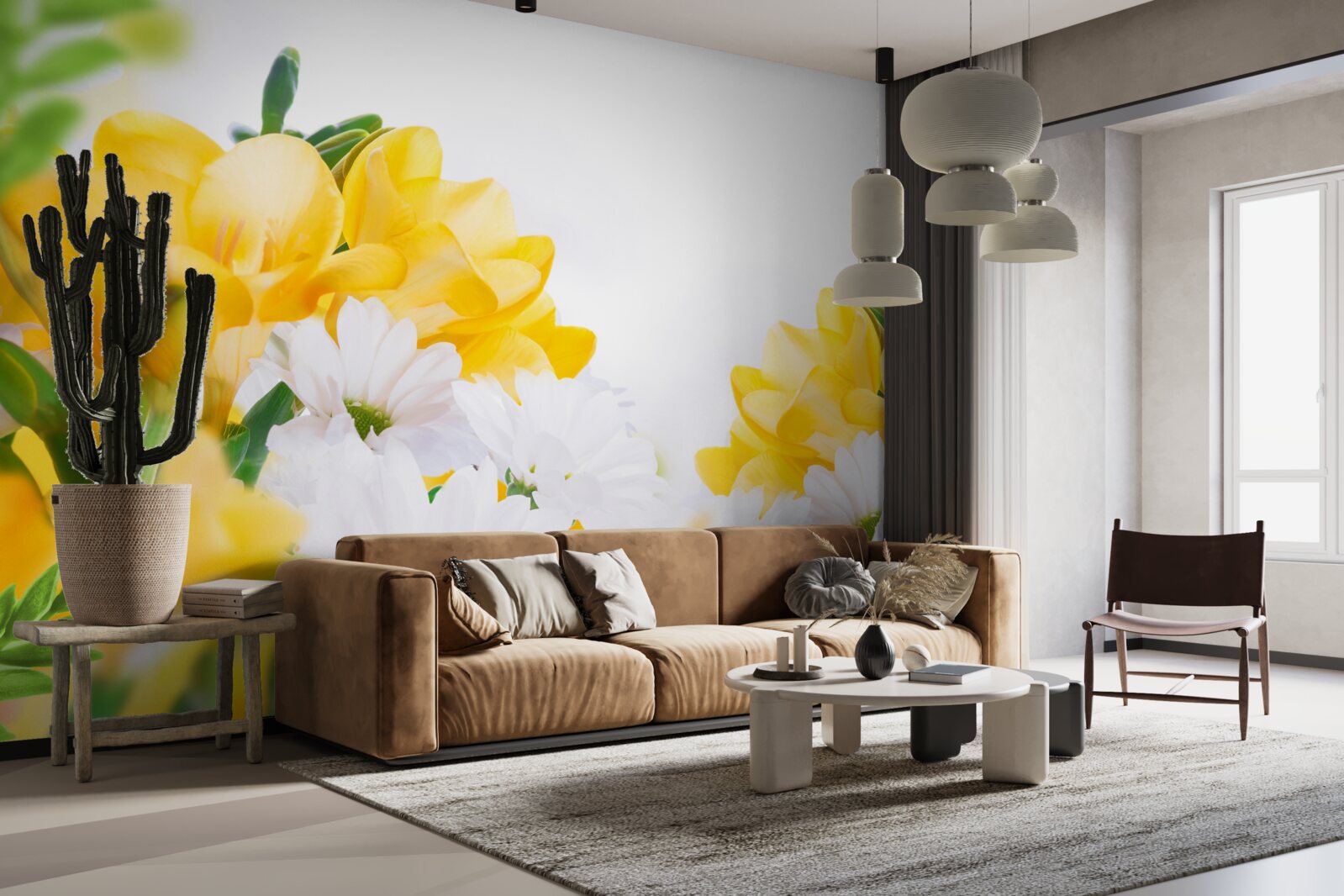 Fotobehang witte margrieten en gele fresia