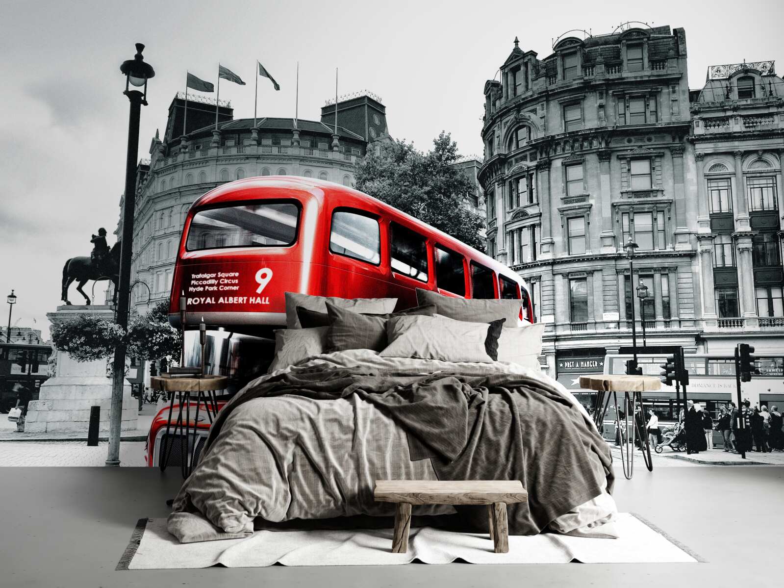 Fotobehang een bus uit londen in een stadsstraat