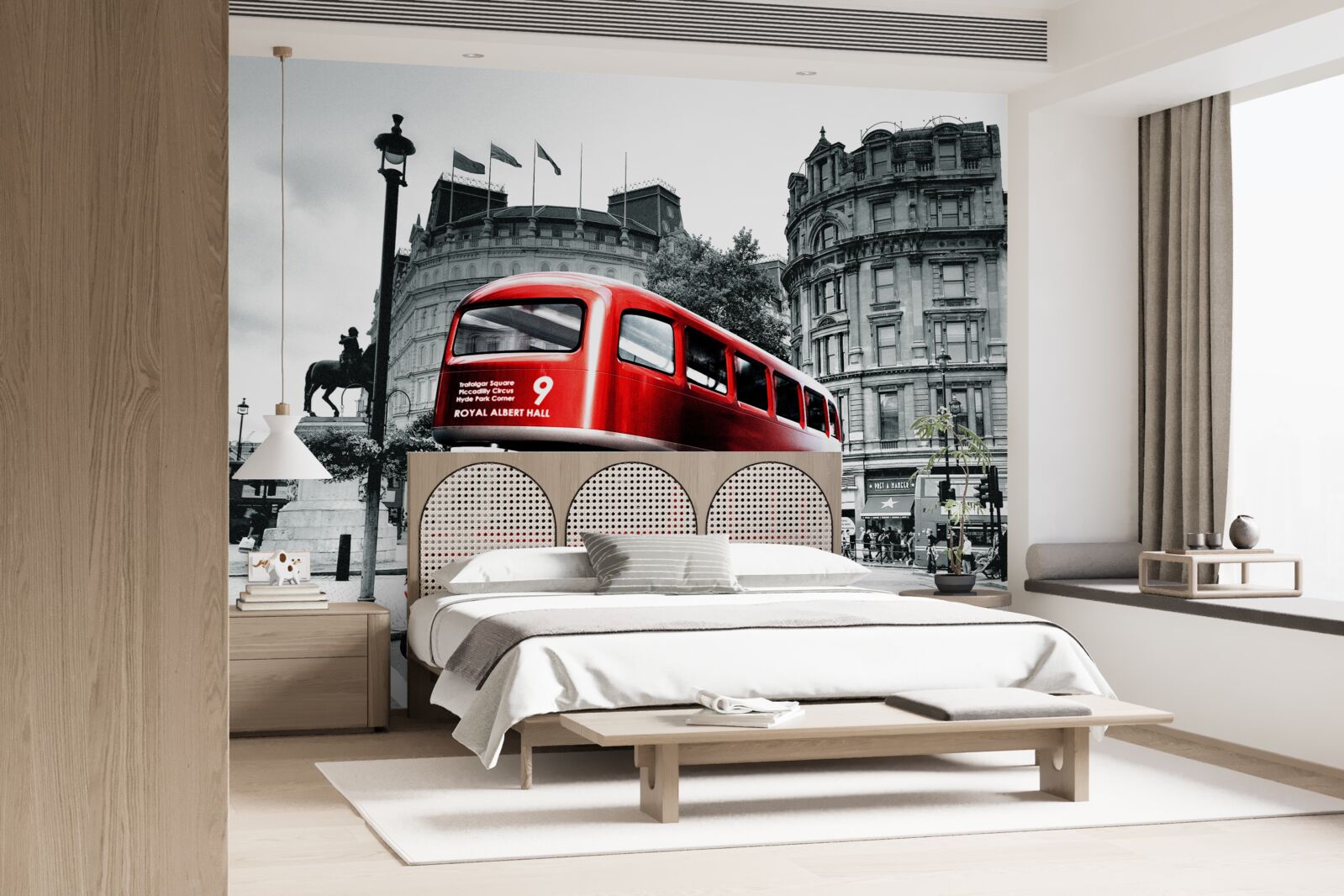 Fotobehang een bus uit londen in een stadsstraat