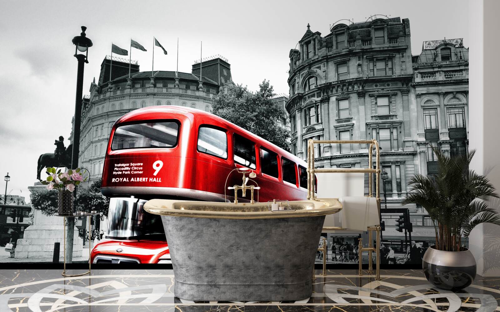 Fotobehang een bus uit londen in een stadsstraat
