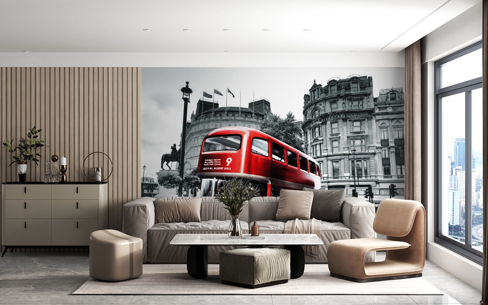 Fotobehang een bus uit londen in een stadsstraat