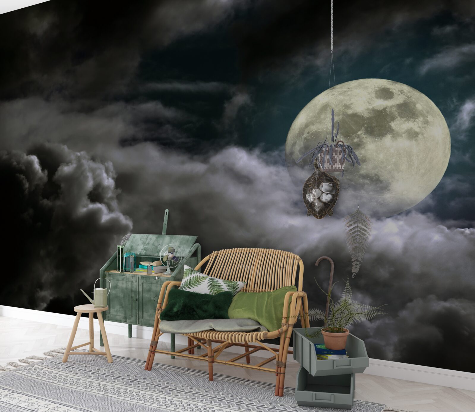 Fotobehang volle maan boven de wolken, die de aandacht trekt met haar schoonheid