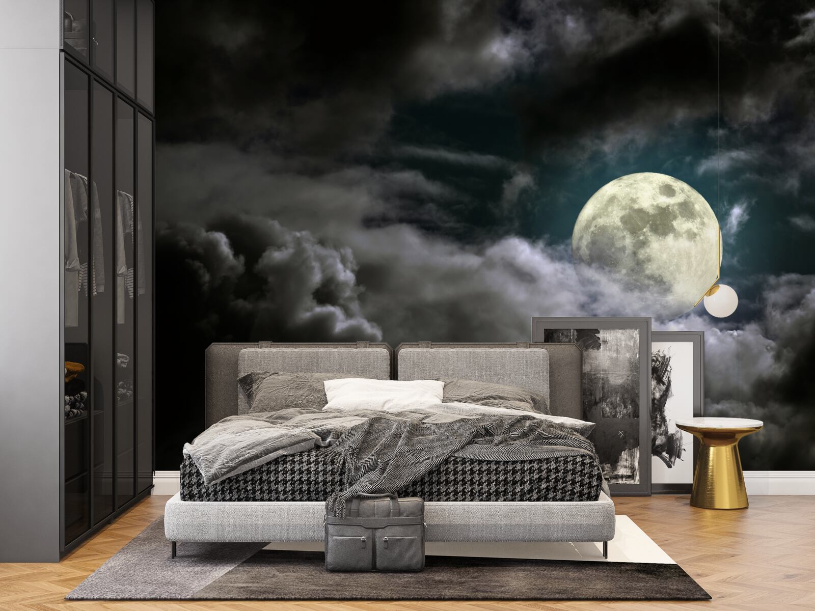 Fotobehang volle maan boven de wolken, die de aandacht trekt met haar schoonheid