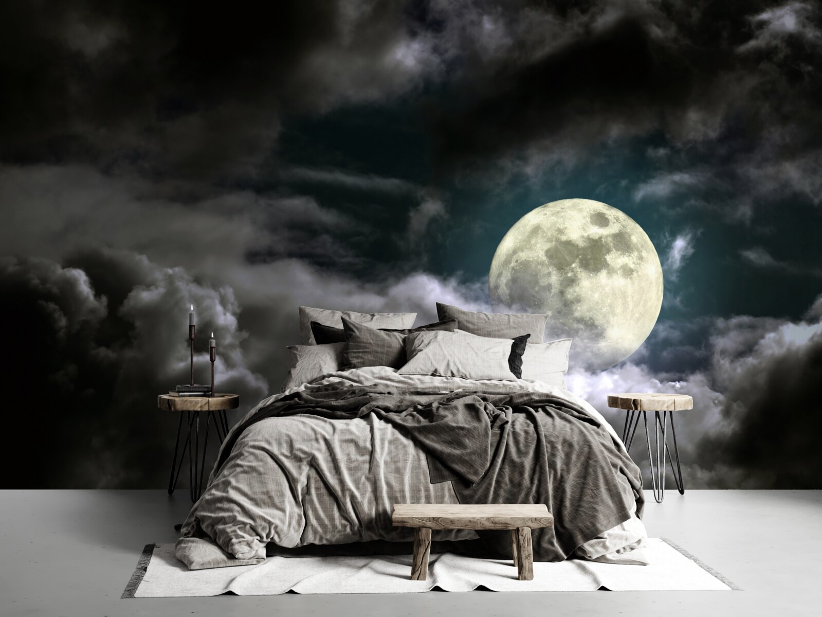 Fotobehang volle maan boven de wolken, die de aandacht trekt met haar schoonheid