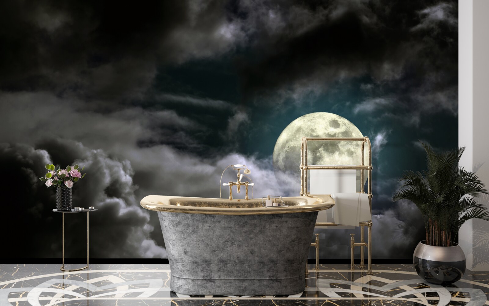 Fotobehang volle maan boven de wolken, die de aandacht trekt met haar schoonheid