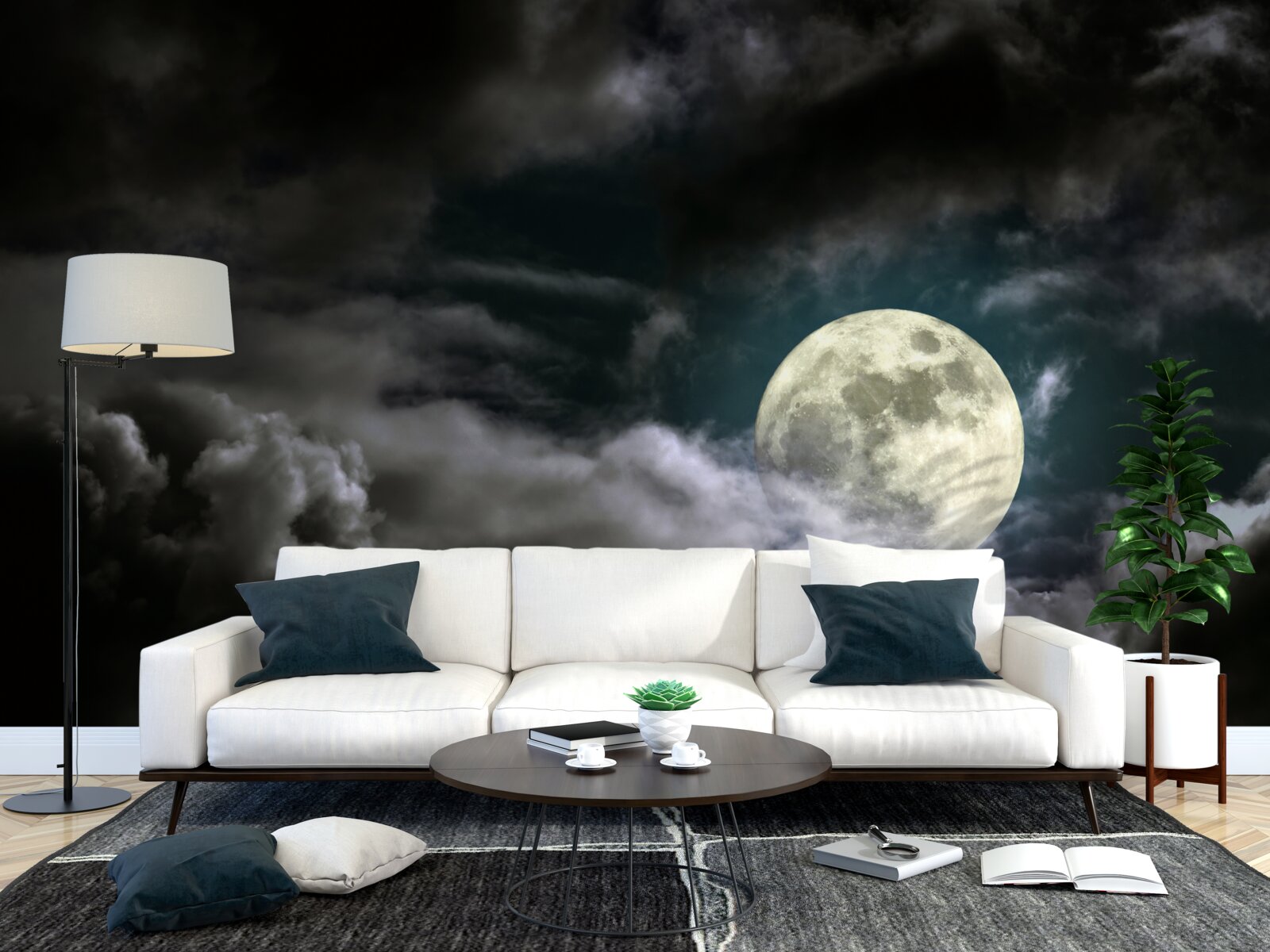 Fotobehang volle maan boven de wolken, die de aandacht trekt met haar schoonheid