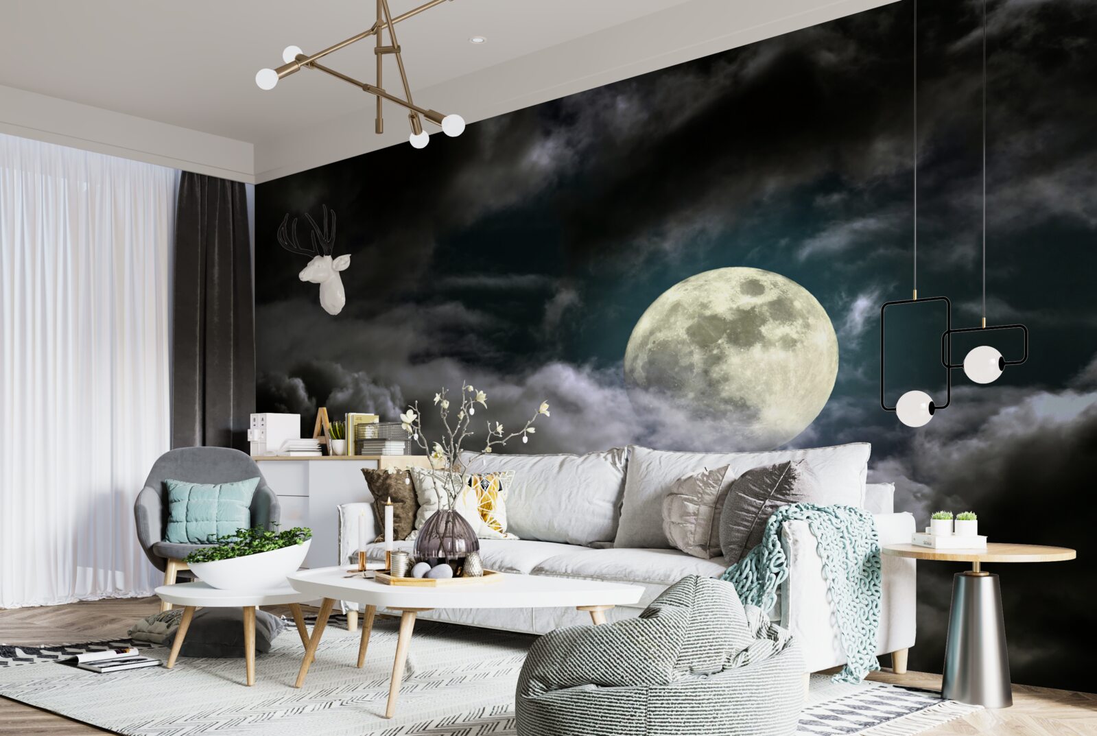 Fotobehang volle maan boven de wolken, die de aandacht trekt met haar schoonheid