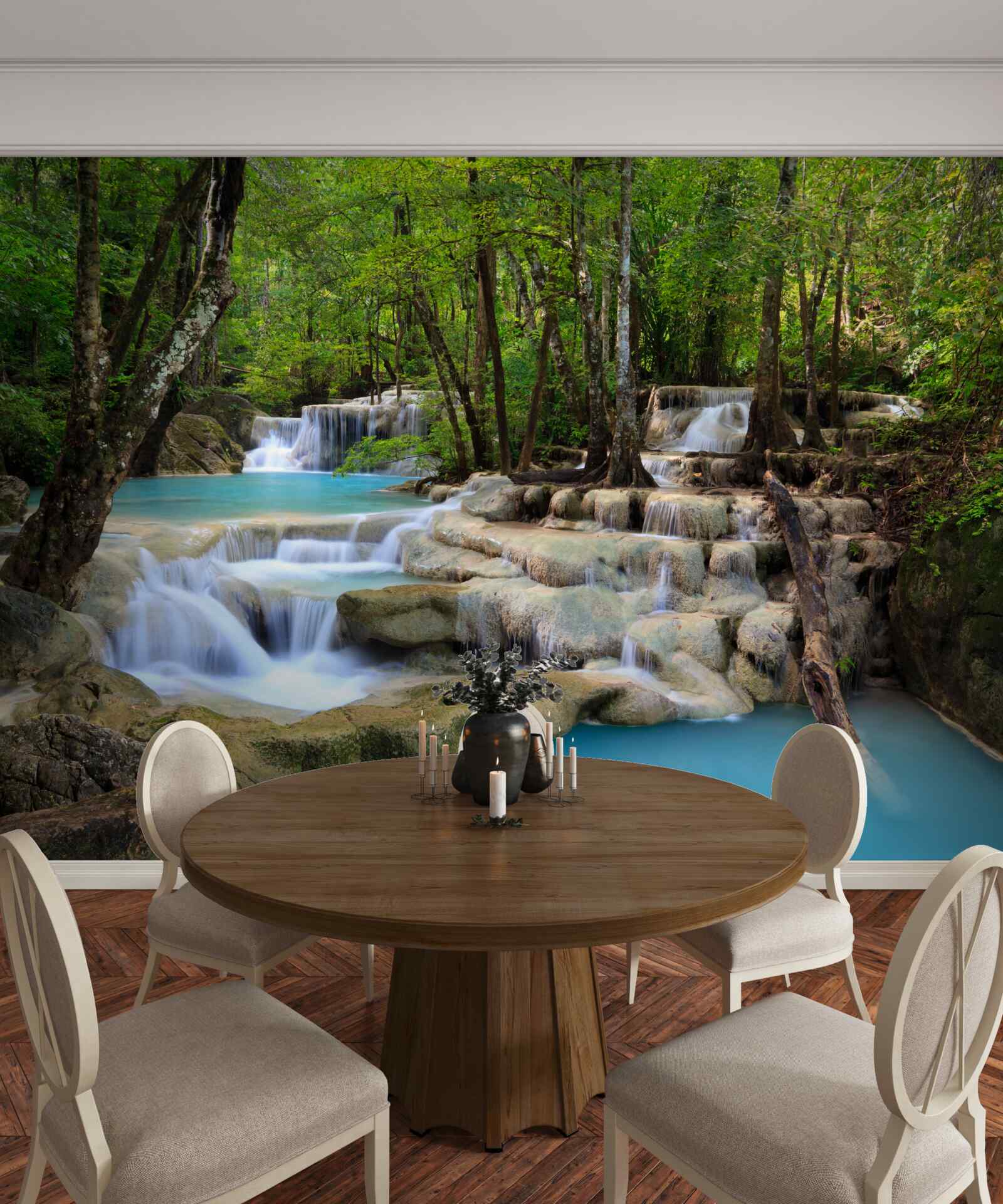 Fotobehang watervallen die in een dicht bos vallen