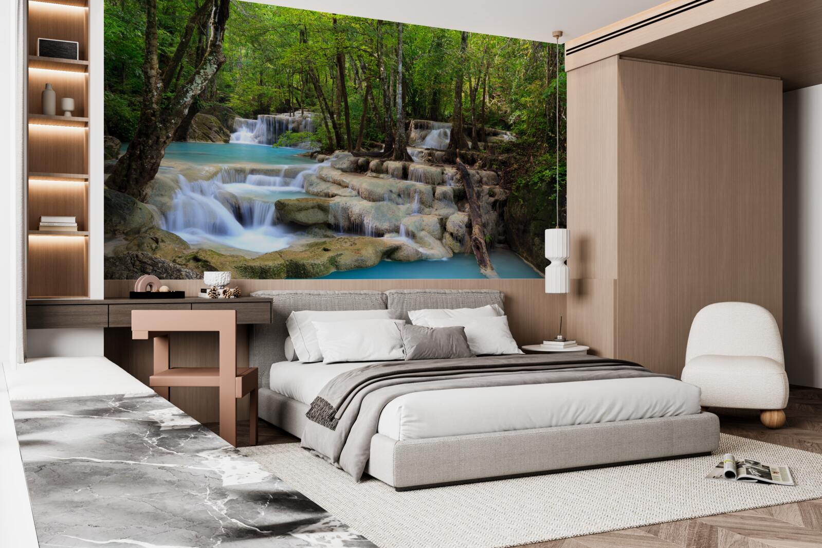 Fotobehang watervallen die in een dicht bos vallen