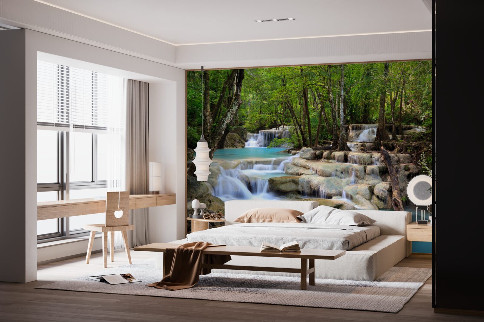 Fotobehang watervallen die in een dicht bos vallen