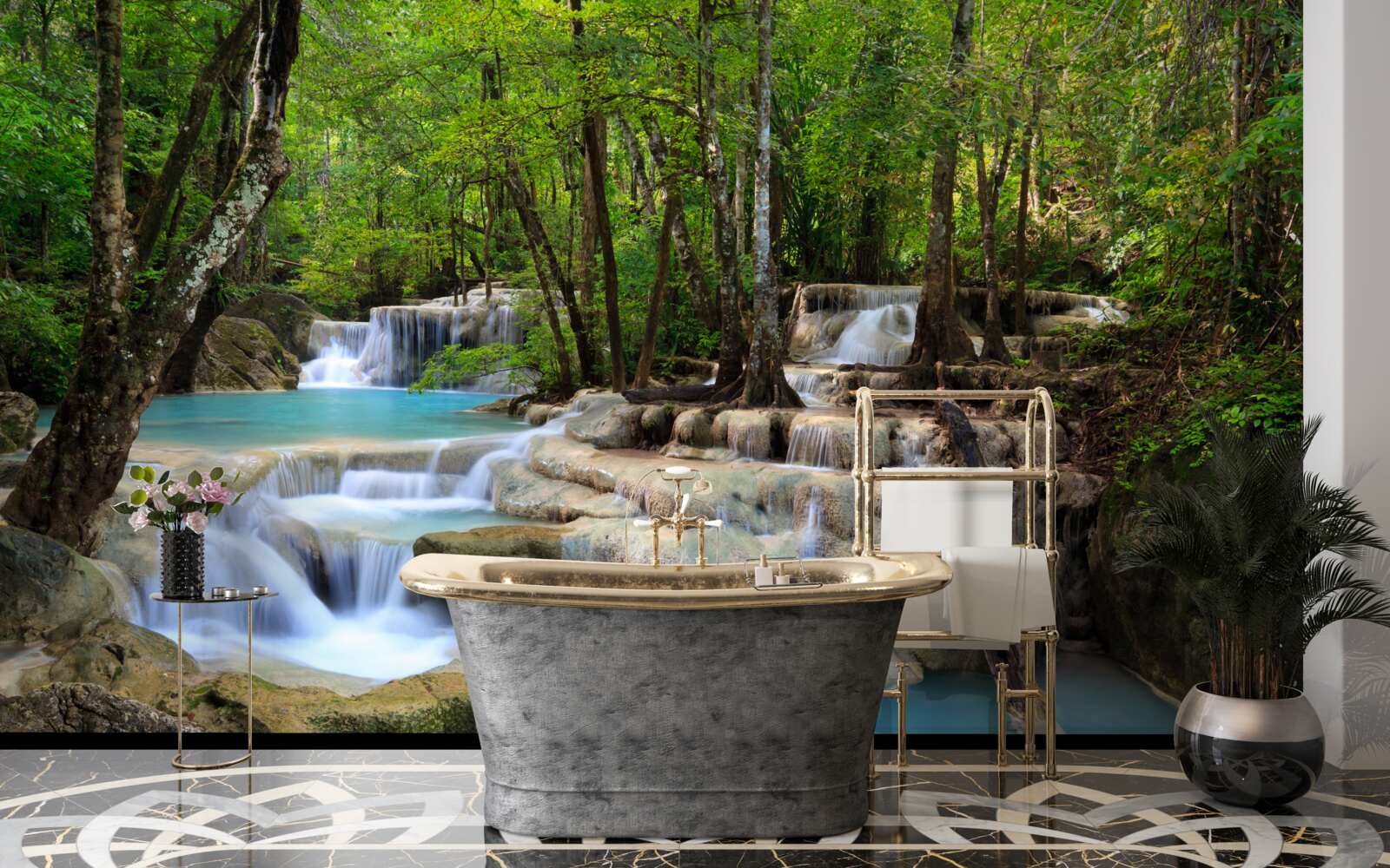 Fotobehang watervallen die in een dicht bos vallen