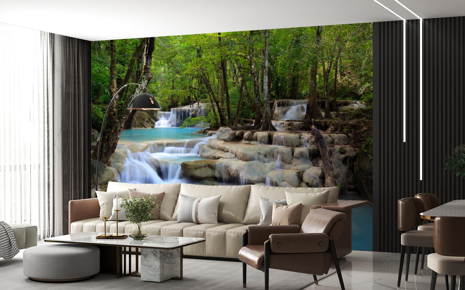 Fotobehang watervallen die in een dicht bos vallen