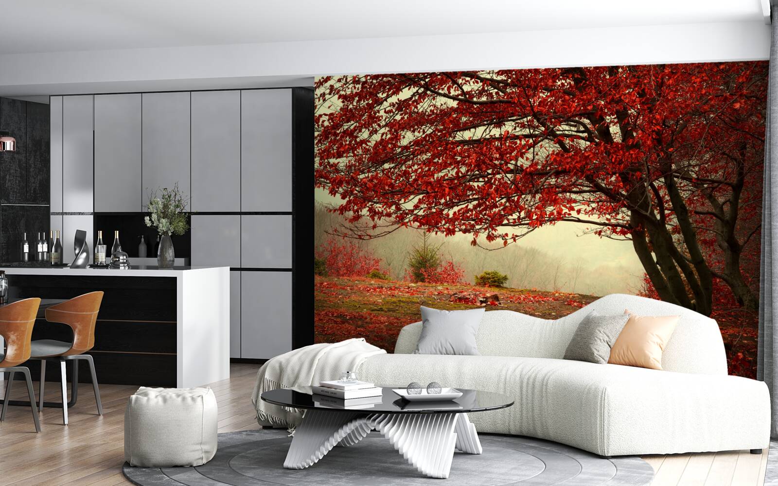 Fotobehang mistige ochtend van een herfstbos met bordeaurode tinten