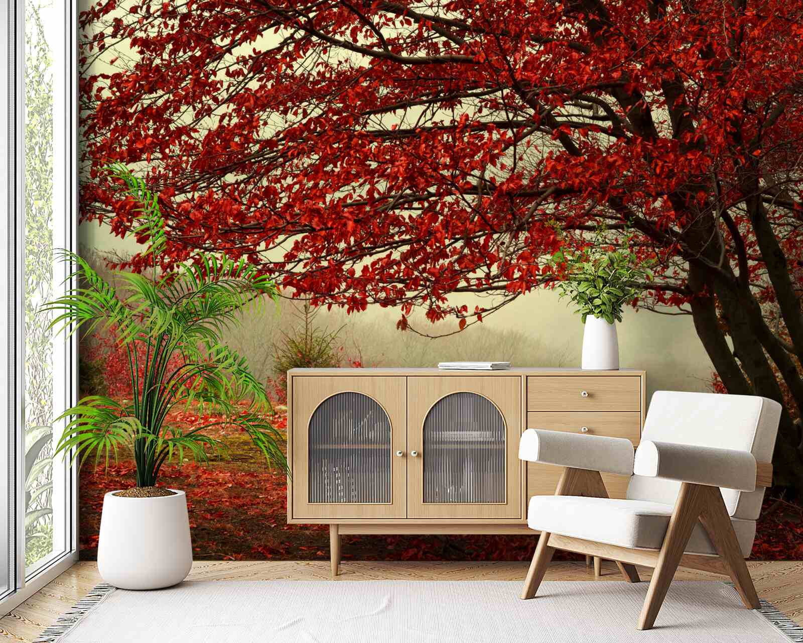 Fotobehang mistige ochtend van een herfstbos met bordeaurode tinten