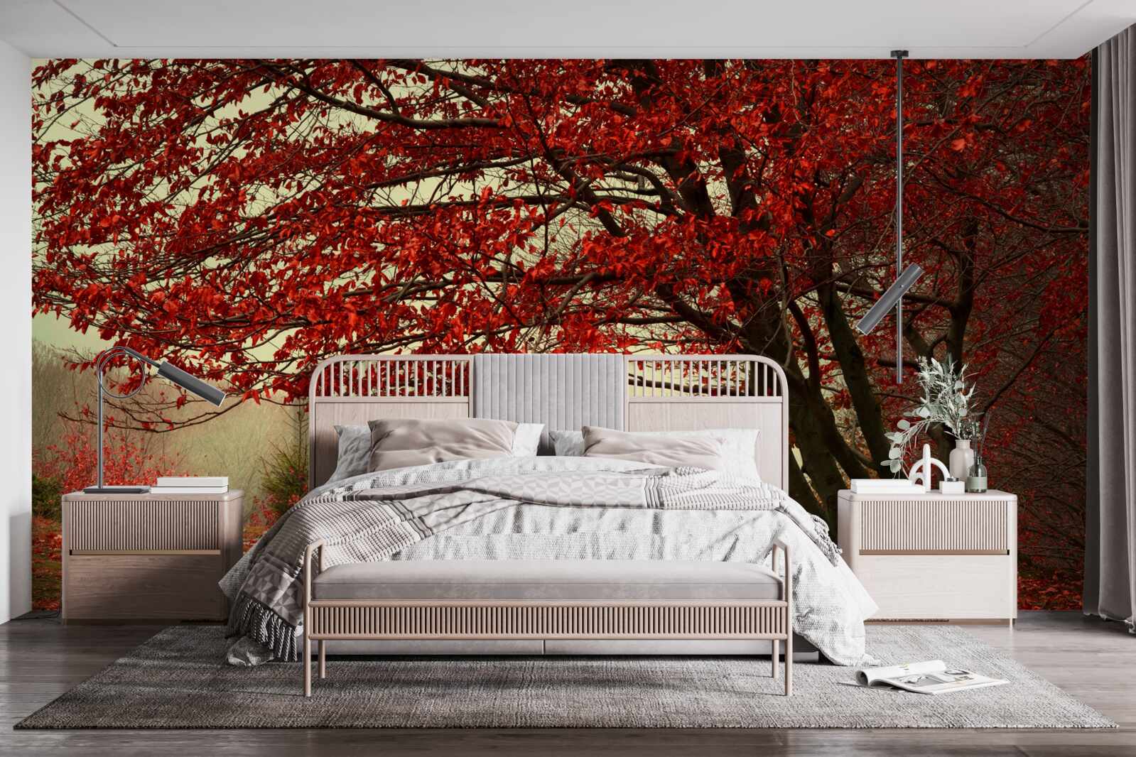 Fotobehang mistige ochtend van een herfstbos met bordeaurode tinten