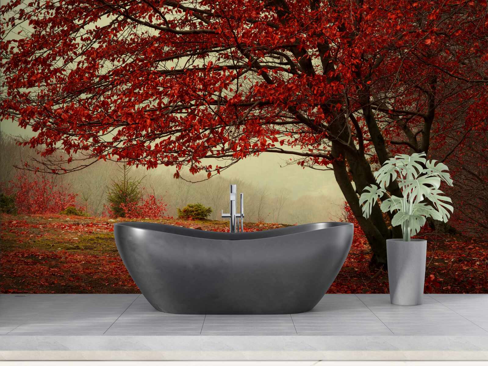 Fotobehang mistige ochtend van een herfstbos met bordeaurode tinten