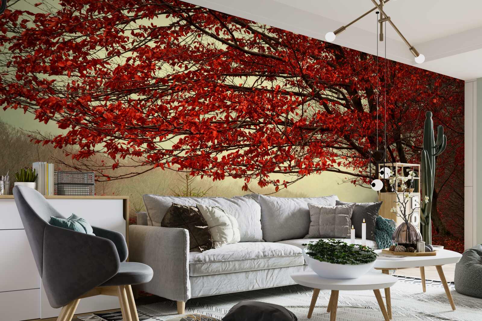 Fotobehang mistige ochtend van een herfstbos met bordeaurode tinten