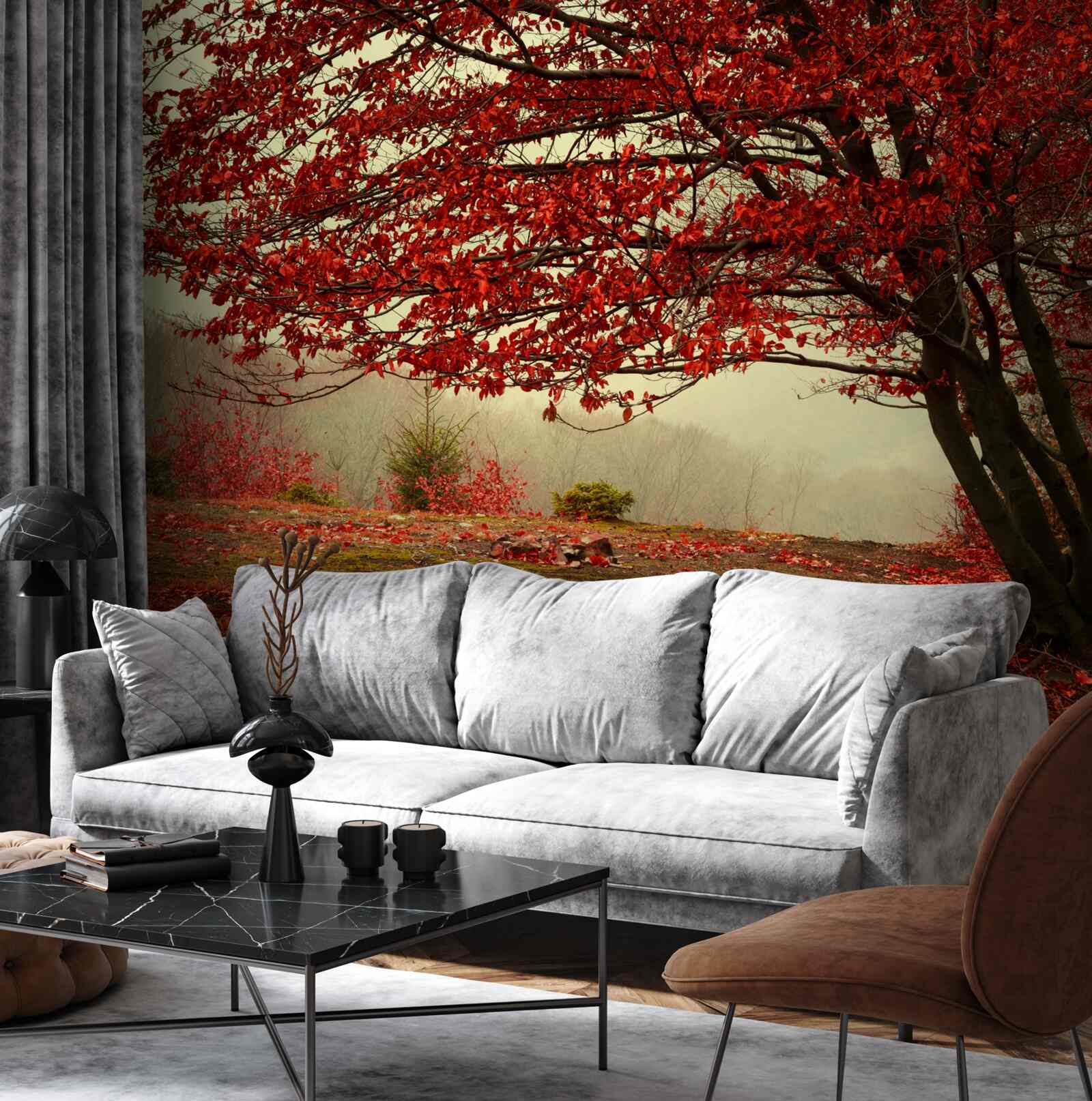 Fotobehang mistige ochtend van een herfstbos met bordeaurode tinten