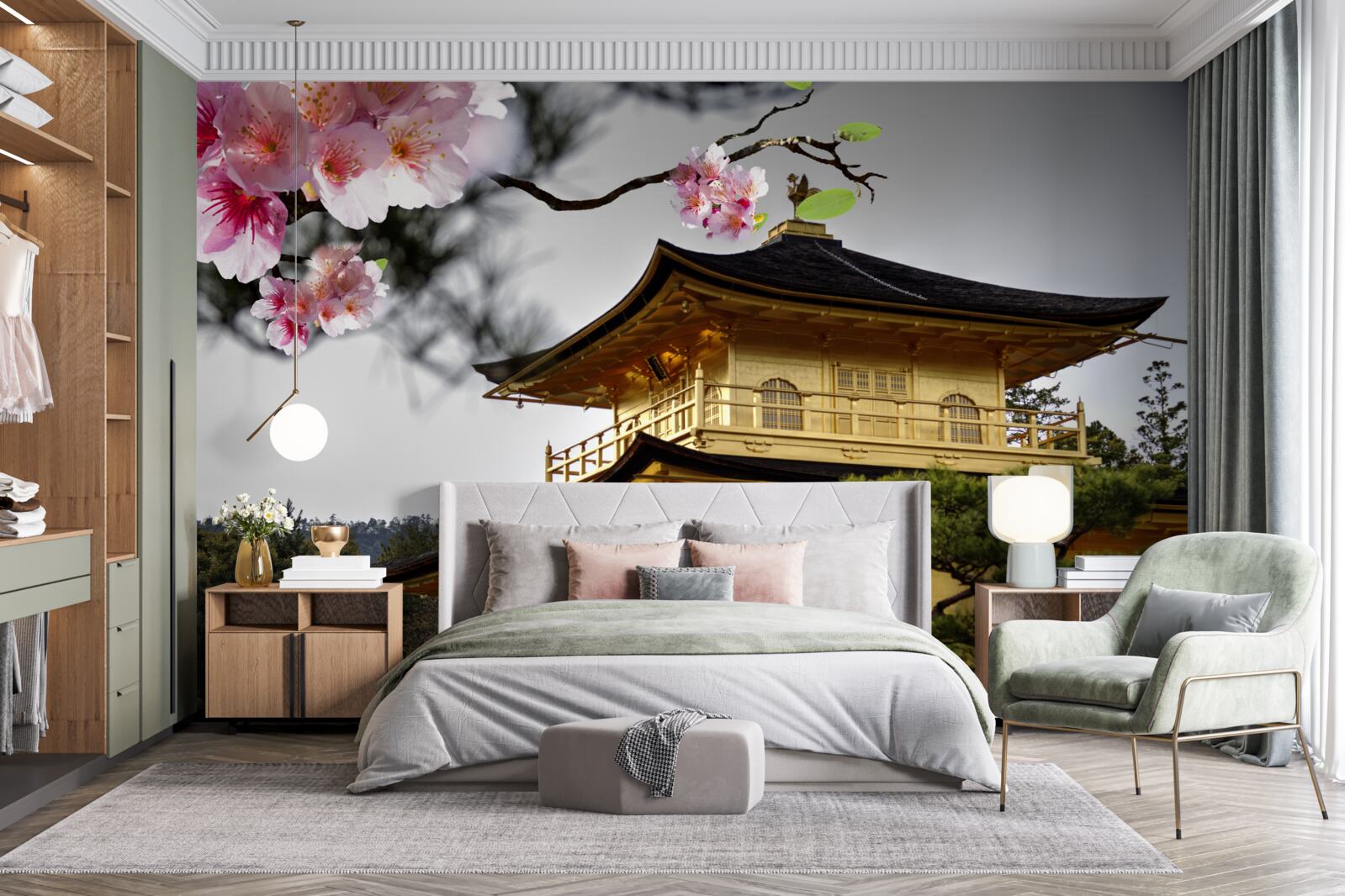 Fotobehang sakura en boeddhistisch klooster