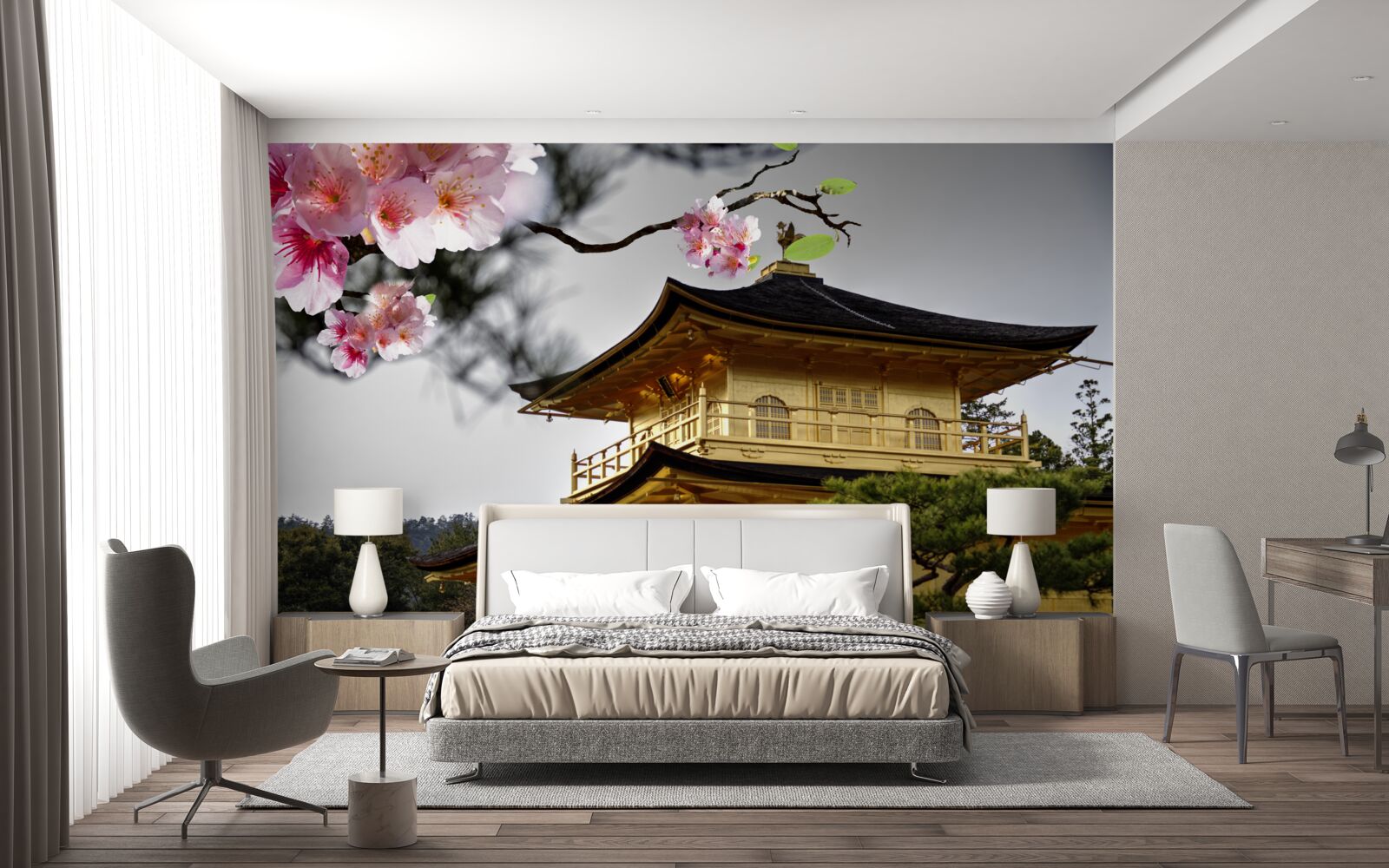 Fotobehang sakura en boeddhistisch klooster